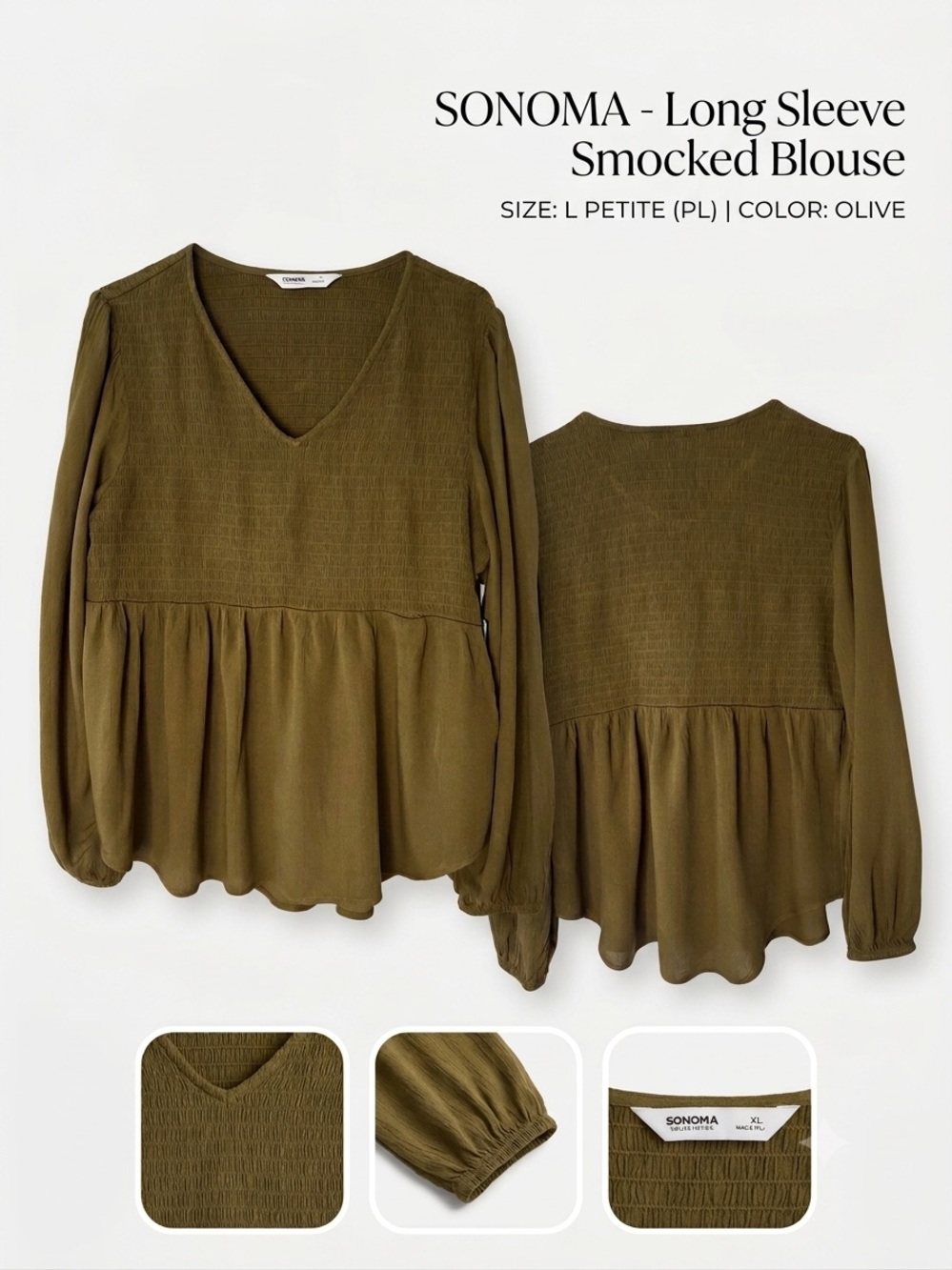 SONOMA Olive V-Neck Smocked Peplum Blouse